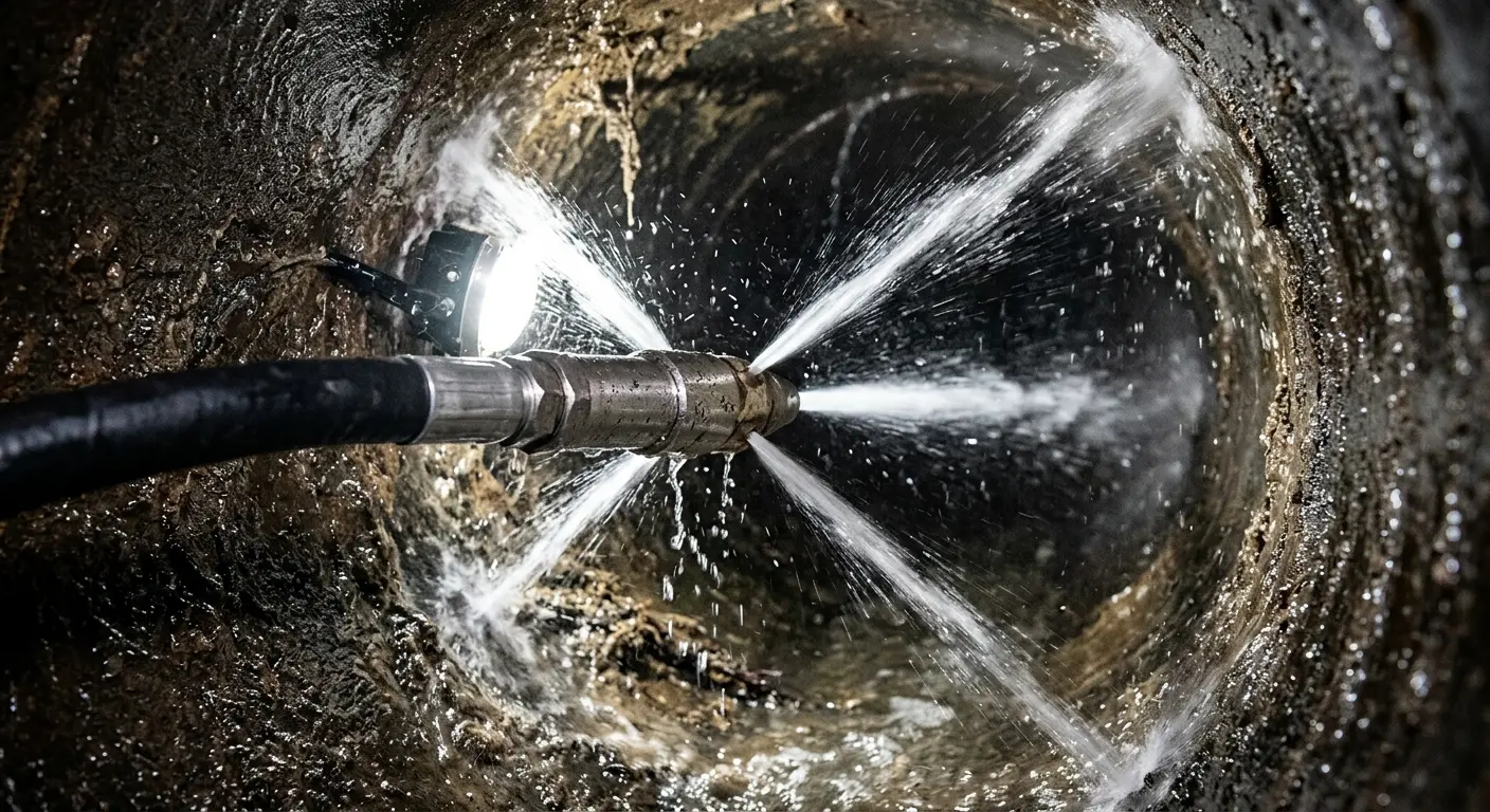 High-pressure hydro jetting nozzle cleaning sewer pipe for Trenchless Sewer Repair in Franklin