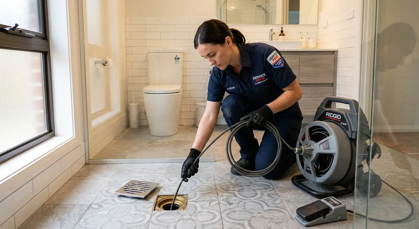 Technician clearing a bathroom floor drain for Clogged Drain Repair in Franklin